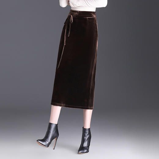 WM-68127金丝绒气质直筒后开叉半身裙女2025秋冬新款韩版包臀裙一步中长裙 商品图1