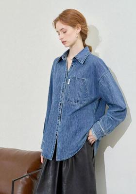 【秋新品】古泥5925 中长小标宽松牛仔衬衫-喜出