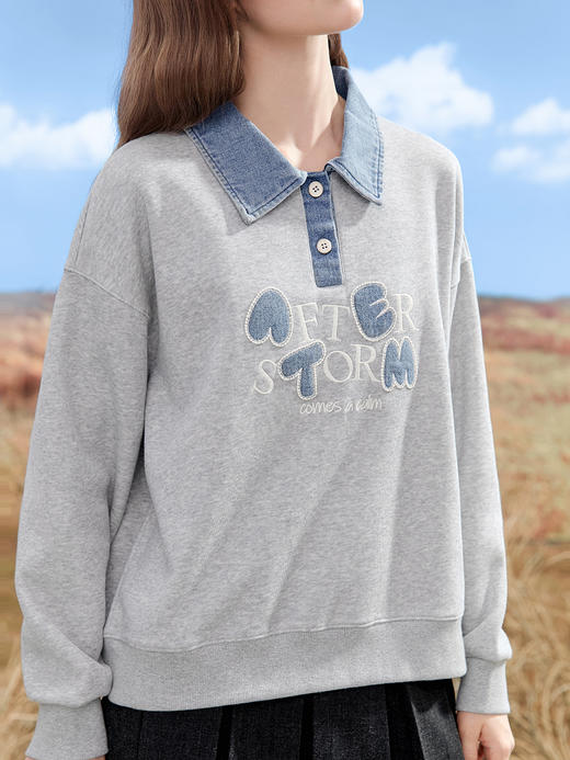 【百图lulu定制】【牛仔POLO卫衣】 通勤风 字母 刺绣卫衣 商品图6