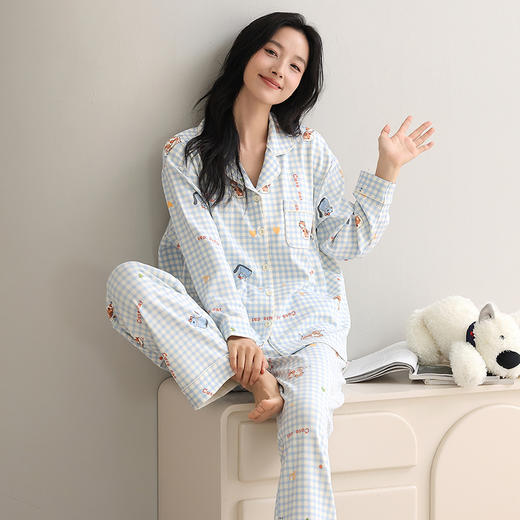 自然醒致柔针织棉(带胸垫)睡衣女士春秋季长袖带胸垫一体秋冬款开衫家居服套装QH 商品图5