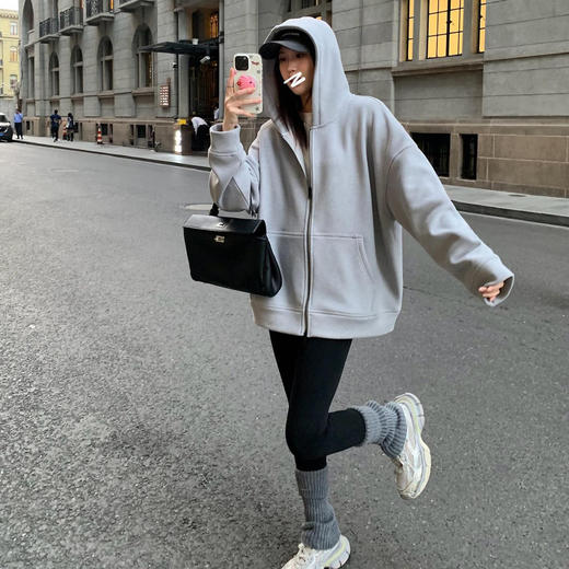 重磅磨毛拉绒！2025廓形双拉链卫衣女冬季加绒加厚休闲连帽外套！ 商品图3