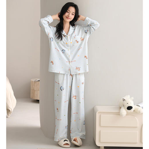 自然醒致柔针织棉(带胸垫)睡衣女士春秋季长袖带胸垫一体秋冬款开衫家居服套装QH 商品图10