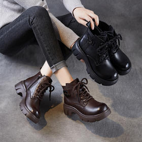 ZM258676头层牛皮厚底马丁靴女秋冬款真皮时尚中跟高级显脚小短靴系带单靴