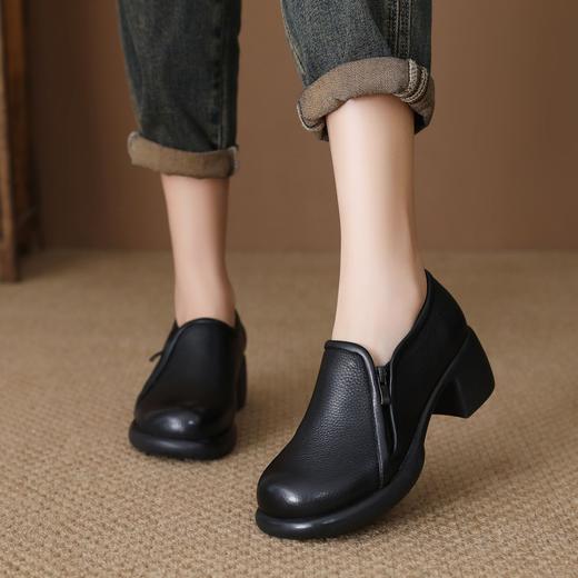 FR 85293乐福鞋真皮复古圆头休闲软皮粗跟单鞋 商品图0