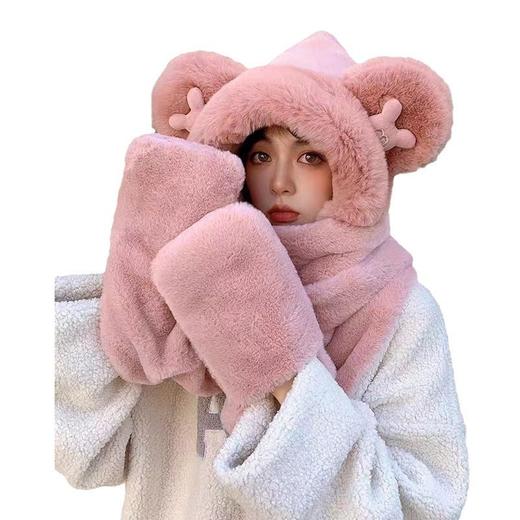 【新品！保暖3合1】小熊帽子围巾手套三件套 秋冬季保暖毛绒加厚仿兔毛可爱米奇护耳帽 商品图4