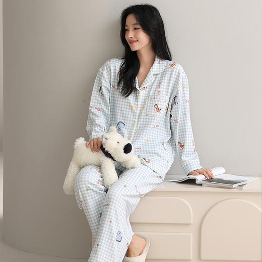 自然醒致柔针织棉(带胸垫)睡衣女士春秋季长袖带胸垫一体秋冬款开衫家居服套装QH 商品图3