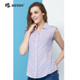 【第2件半价！尾货清仓不退换】波顿红粉格修身短袖衬衫女士衬衣LS717214