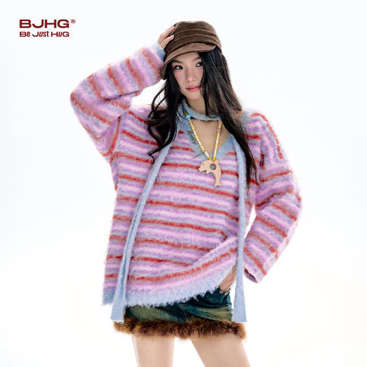 BJHG不计后果 V领条纹毛衣女秋冬季韩系慵懒高级感针织衫毛衣外套 商品图2