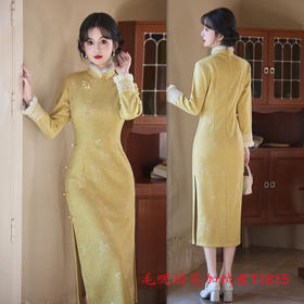 SKY 11815时尚改良毛呢绣花加绒旗袍日常修身旗袍裙