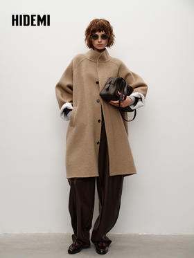 HIDEMI 进口新西兰羊驼毛拉毛做旧感白卷边廓形口袋大衣外套 燕麦色
