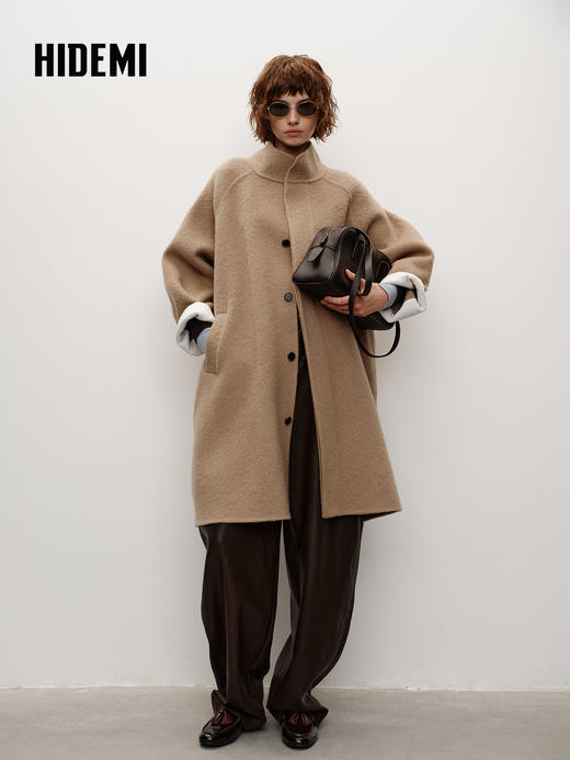 HIDEMI 进口新西兰羊驼毛拉毛做旧感白卷边廓形口袋大衣外套 燕麦色 商品图0