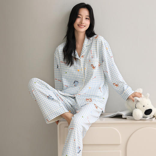 自然醒致柔针织棉(带胸垫)睡衣女士春秋季长袖带胸垫一体秋冬款开衫家居服套装QH 商品图4