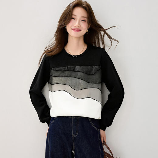 CC 2128松弛感圆领针织衫撞色条纹长袖t恤 商品图1