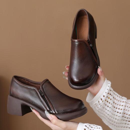 FR 85293乐福鞋真皮复古圆头休闲软皮粗跟单鞋 商品图1