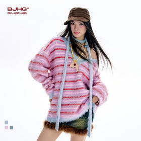 BJHG不计后果 V领条纹毛衣女秋冬季韩系慵懒高级感针织衫毛衣外套