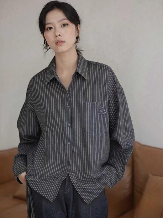 【秋新品】古泥7807深灰条纹长袖衬衫-喜出 商品图1