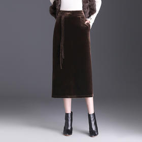 WM-68127金丝绒气质直筒后开叉半身裙女2025秋冬新款韩版包臀裙一步中长裙