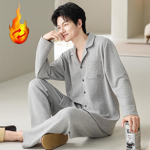 自然醒慢屿男士家居服蚕丝羊毛绒长袖长裤开衫睡衣QH 商品图9