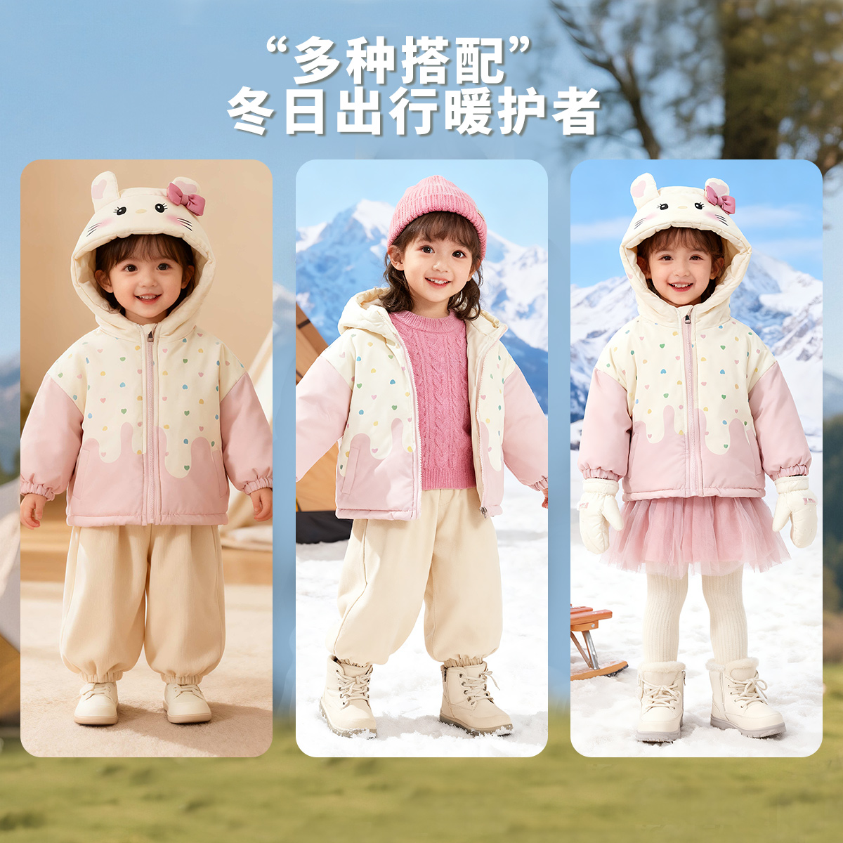 贝贝怡2025冬季新款女童夹棉保暖外套甜心撞色防风棉衣ZB4ES056