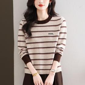 CC 101-15805红黑条纹圆领毛衣字母刺绣撞色宽松显瘦针织衫