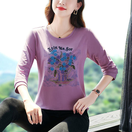 SP809 纯棉长袖t恤秋装2025新款中年女春秋百搭显瘦上衣打底衫中年妈妈 商品图0