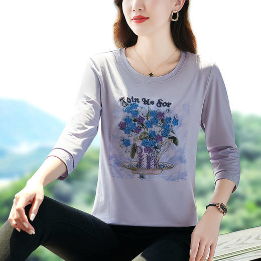SP809 纯棉长袖t恤秋装2025新款中年女春秋百搭显瘦上衣打底衫中年妈妈 商品图2