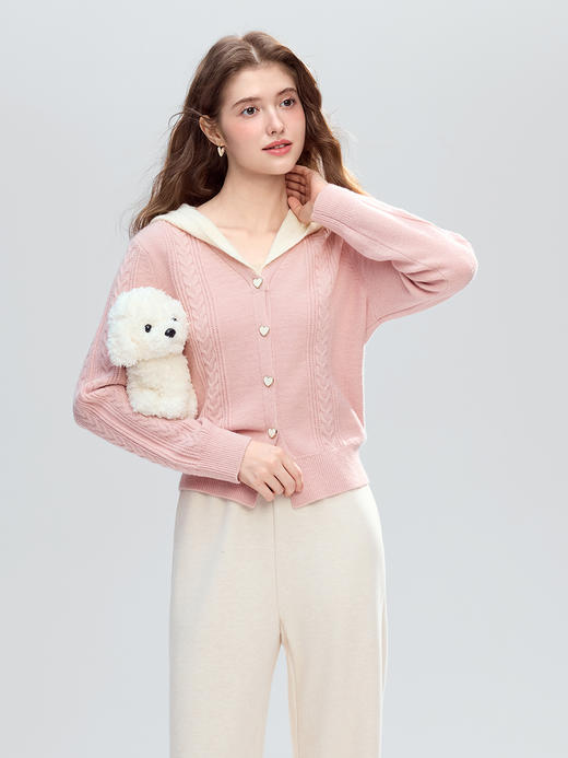 【百图lulu定制】【少女心毛衣】 粉色假两件连帽毛衣外套 开衫 商品图6