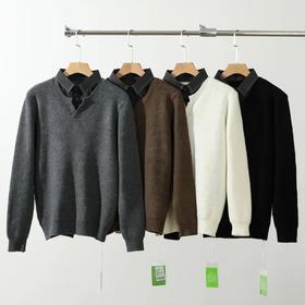 衬衫领毛衣男秋冬款潮牌假两件针织衫高级感宽松内搭打底毛线衣服