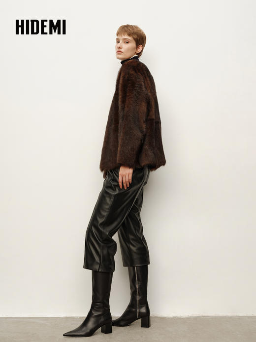 HIDEMI  双色定染做旧感渐变乌木棕圆领廓形皮毛一体大衣外套 黑棕双色渐变 商品图3