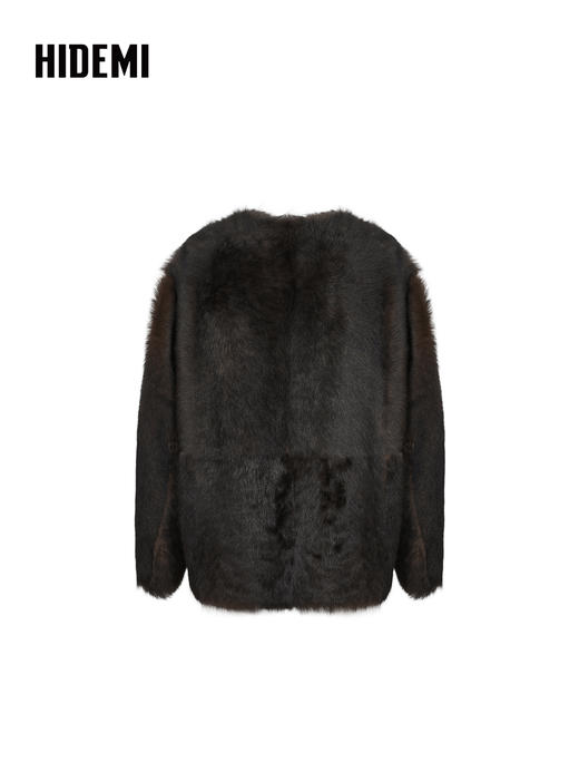 HIDEMI  双色定染做旧感渐变乌木棕圆领廓形皮毛一体大衣外套 黑棕双色渐变 商品图6