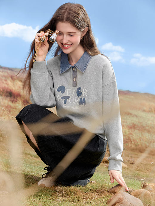 【百图lulu定制】【牛仔POLO卫衣】 通勤风 字母 刺绣卫衣 商品图7