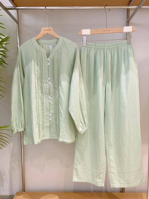 松植屋女士圆领水洗全棉长袖长裤套装春秋女款简约纯色双层纱布睡衣 商品图1