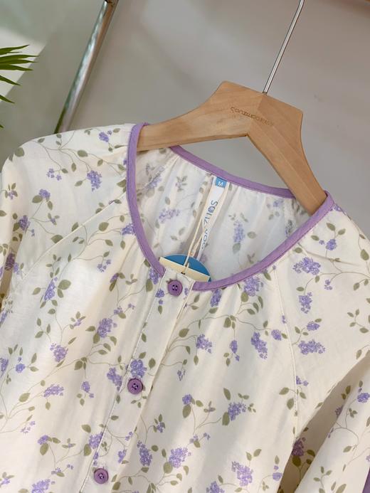 松植屋春秋女款全棉水洗长袖睡衣套装圆领小碎花双层纱家居服 商品图2
