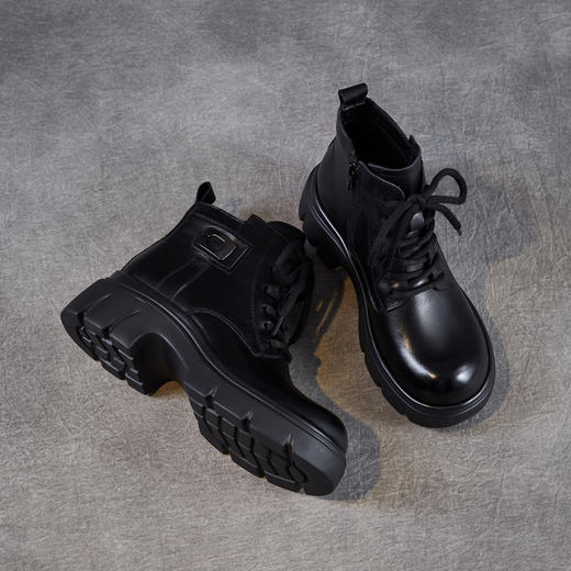 ZM258676头层牛皮厚底马丁靴女秋冬款真皮时尚中跟高级显脚小短靴系带单靴 商品图3