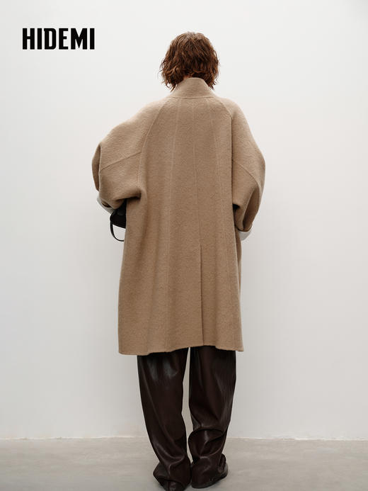HIDEMI 进口新西兰羊驼毛拉毛做旧感白卷边廓形口袋大衣外套 燕麦色 商品图5