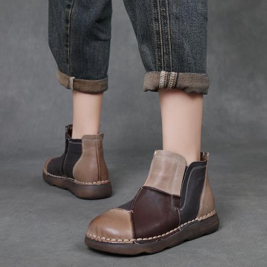 FR 85668短靴复古圆头平底拼色休闲单鞋 商品图3