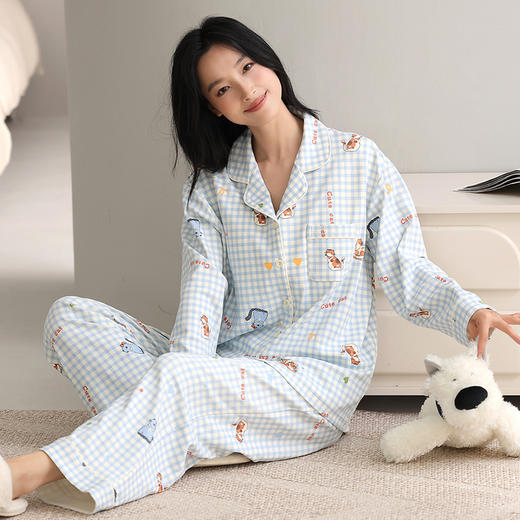 自然醒致柔针织棉(带胸垫)睡衣女士春秋季长袖带胸垫一体秋冬款开衫家居服套装QH 商品图9