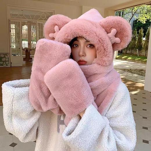 【新品！保暖3合1】小熊帽子围巾手套三件套 秋冬季保暖毛绒加厚仿兔毛可爱米奇护耳帽 商品图1