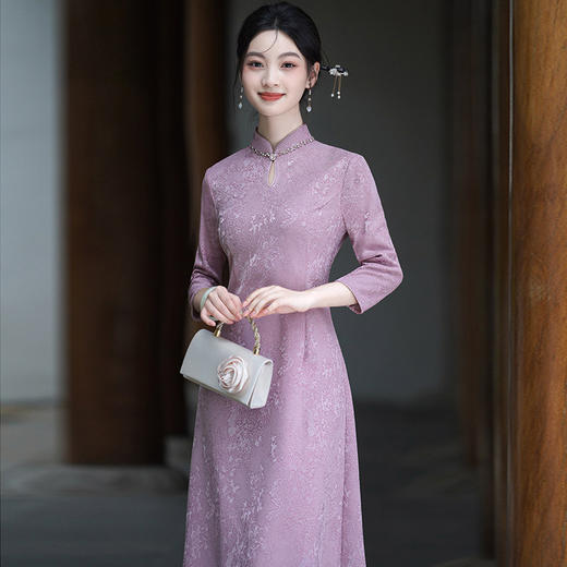 SC22303紫色显瘦妈妈装国风新中式秋季长袖旗袍2025新款女复古连衣裙秋冬 商品图2