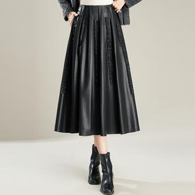 PH-1601 2025新款木耳花边大摆裙高腰中长款半身裙女秋冬A字裙百褶长裙子