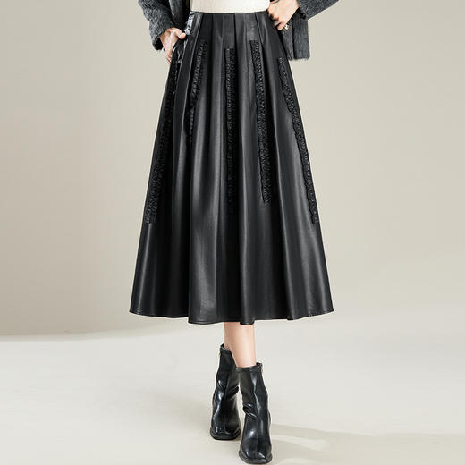 PH-1601 2025新款木耳花边大摆裙高腰中长款半身裙女秋冬A字裙百褶长裙子 商品图0
