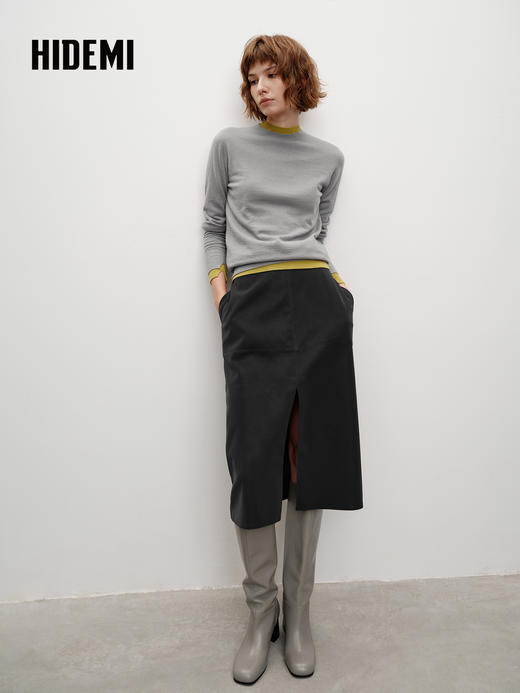 HIDEMI 环保皮蛋白皮复古磨砂感H型半身裙 黑色 商品图2