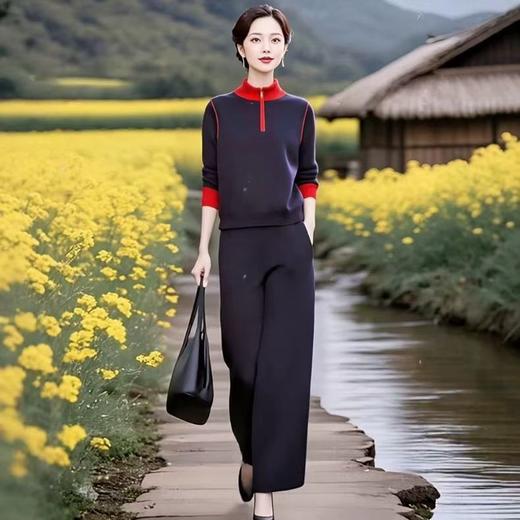 XMZ1290超火减龄2025秋季时尚拼色立领针织衫套装女秋季高腰直筒裤绵羊绒 商品图0