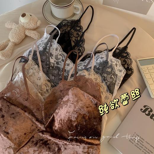 【小众设计款！抢2件更划算！】纯欲蕾丝金丝绒拼接吊带 百搭舒适遮副乳 秋冬美背上衣bra 商品图3
