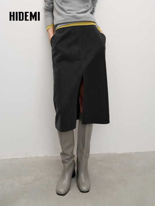 HIDEMI 环保皮蛋白皮复古磨砂感H型半身裙 黑色 商品图0