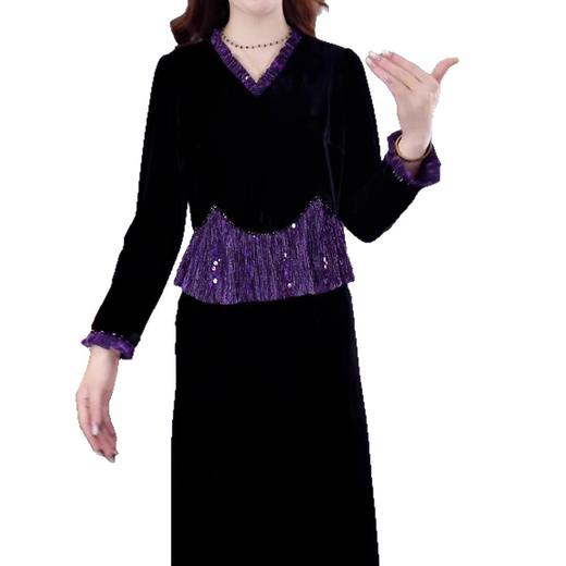 QYM 金丝绒拼接裙修身V领长袖假两件连衣裙 商品图4