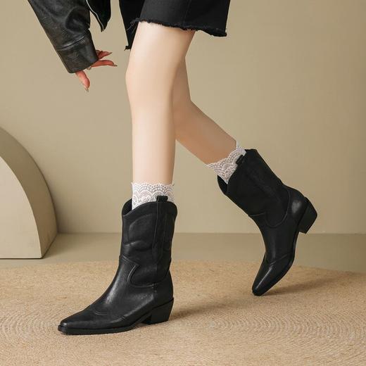 【预售5天】复古简约质感牛皮西部靴秋冬粗中跟小方头真皮V口短靴女SSS&M2408 商品图3