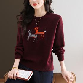 CC 101-15807圆领毛衣卡通小鹿提花图案宽松减龄针织衫