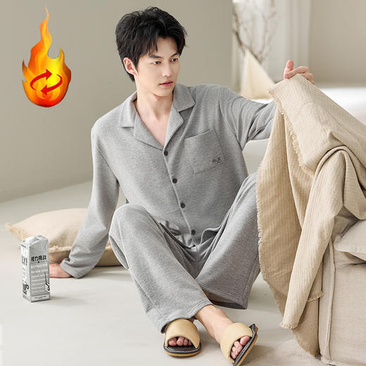 自然醒慢屿男士家居服蚕丝羊毛绒长袖长裤开衫睡衣QH 商品图14
