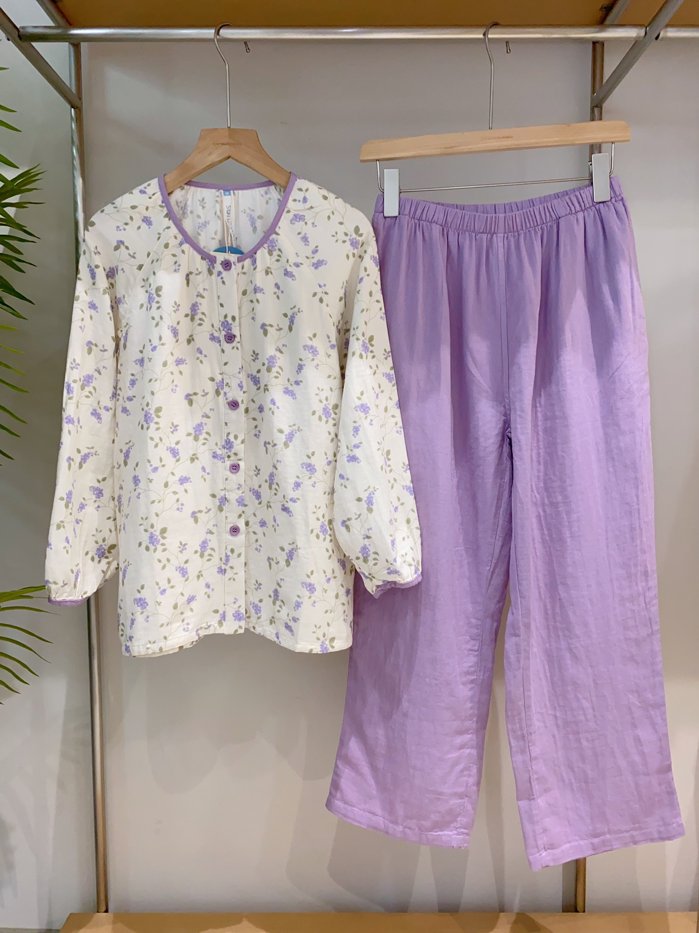 松植屋春秋女款全棉水洗长袖睡衣套装圆领小碎花双层纱家居服